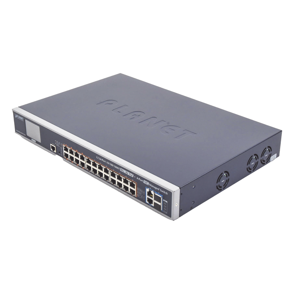 Switch Administrable L3, 24 puertos Gigabit PoE 802.3bt, 2 puertos 10G SFP+, Pantalla Tactil, Fuente Redundante, (600W)