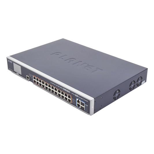 Switch Administrable L3, 24 puertos Gigabit PoE 802.3bt, 2 puertos 10G SFP+, Pantalla Tactil, Fuente Redundante, (600W)