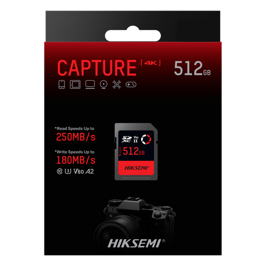 Memoria SD / 512 GB / 250 MB/s Lectura / 180 MB/s Escritura / V60 U3 / Para Fotografía Profesional 4K / HIKSEMI CAPTURE E60