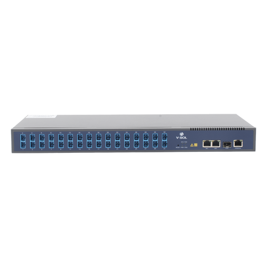 OLT de 1 GPON puerto con Splitter de 1 a 32 SC/UPC Incluido  + 3 puertos Uplink (2 puertos Gigabit Ethernet + 1 puerto SFP/SFP+) , hasta 128 ONUS