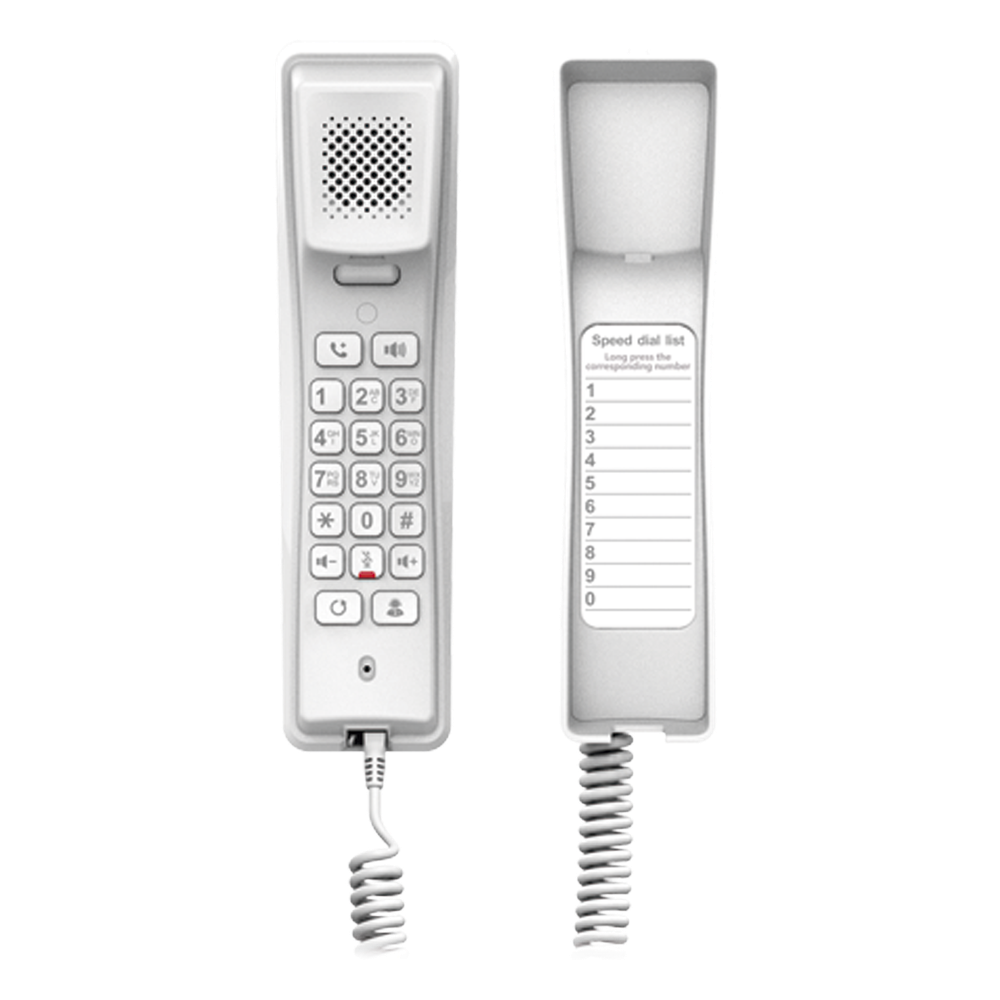 Teléfono IP profesional para Hotelería, montaje en pared,  teclado numérico estándar, conferencia de 3 vías, Opus y PoE.