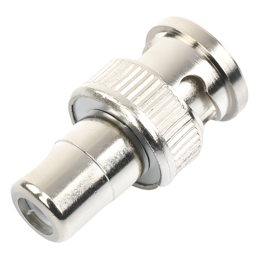 Adaptador en Línea para 75 Ohm, de Conector BNC Macho a RCA Hembra en Aplicaciones de Audio-Video para Cámaras, Monitores y DVR's.