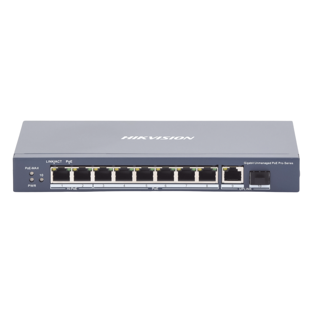 Switch PoE+ / No Administrable / 7 Puertos 1000 Mbps 802.3 af/at (30 W) / 2 Puertos 1000 Mbps Hi-PoE (90 W) / 1 Puertos 1000 Mbps Uplink / 1 Puerto SFP / Modo Extendido hasta 300 Metros / 110 Watts