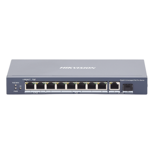 Switch PoE+ / No Administrable / 7 Puertos 1000 Mbps 802.3 af/at (30 W) / 2 Puertos 1000 Mbps Hi-PoE (90 W) / 1 Puertos 1000 Mbps Uplink / 1 Puerto SFP / Modo Extendido hasta 300 Metros / 110 Watts