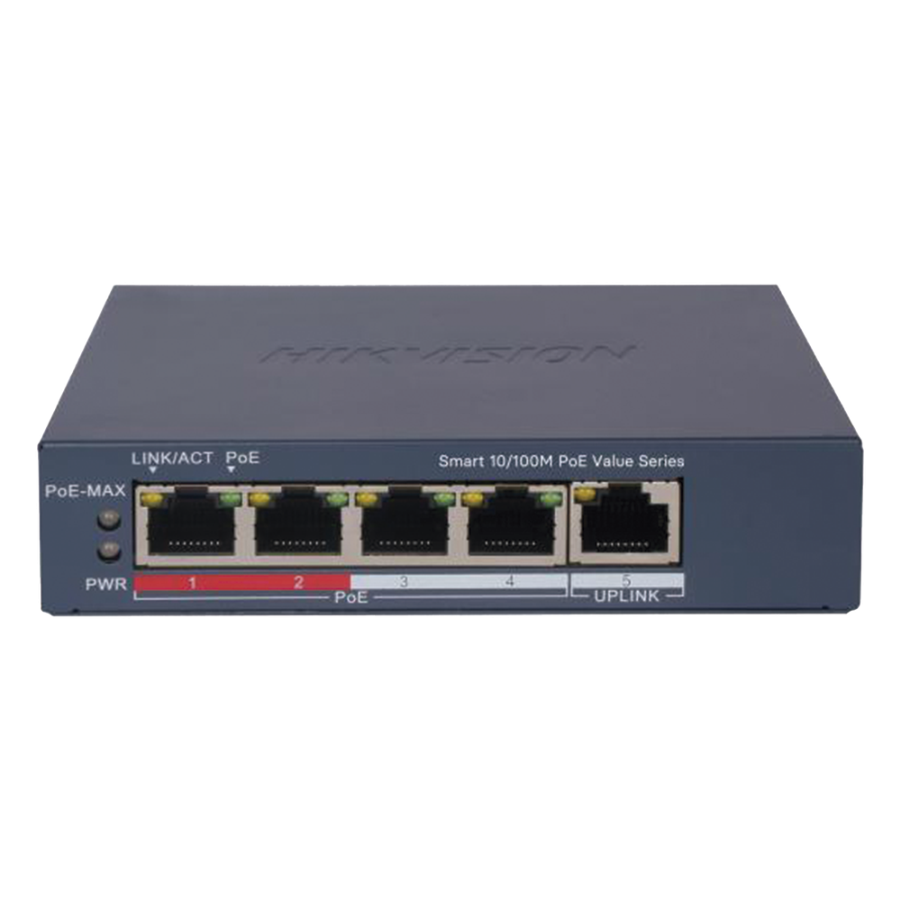 Switch PoE+ / Monitoreable / 4 Puertos 10/100 Mbps PoE+ / 1 Puerto 10/100 Mbps Uplink / Configuración Nube Hik-PartnerPro / Modo Extendido hasta 300 Metros /  45 W