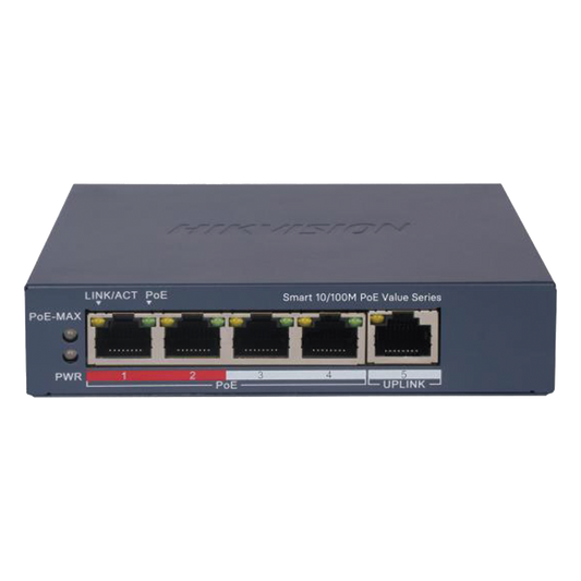Switch PoE+ / Monitoreable / 4 Puertos 10/100 Mbps PoE+ / 1 Puerto 10/100 Mbps Uplink / Configuración Nube Hik-PartnerPro / Modo Extendido hasta 300 Metros /  45 W