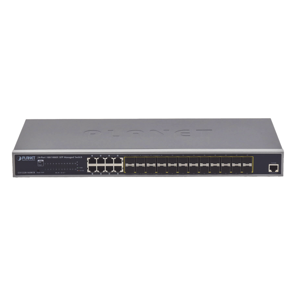 Switch Administrable Capa 2 con Fuente de Alimentación Redundante, 24 Puertos SFP Gigabit 100/1000X, 8 Puertos Combo RJ45 Gigabit.