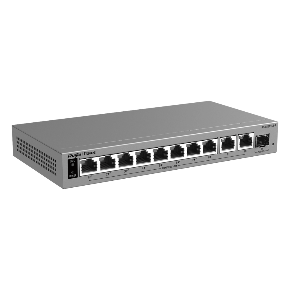 Switch PoE Gigabit Smart Cloud-Managed / 11 Puertos / 8 Puertos PoE+ 120 W / 1 Puerto SFP Uplink / Capa 2 / Diseño Sin Ventilador / Protección 6 kV / Gestión Cloud de por Vida / Metal