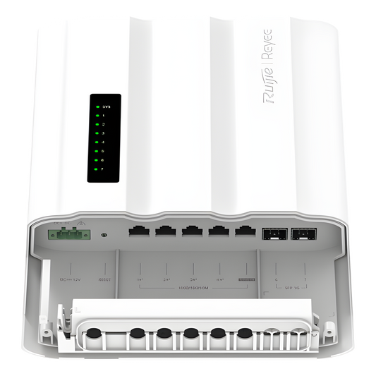 Switch Outdoor Capa 2 / 7 Puertos Gigabit + 2 SFP / PoE/PoE+/PoE++ 60W / IP65 / ERPS / Gestión Cloud / 14 Gbps