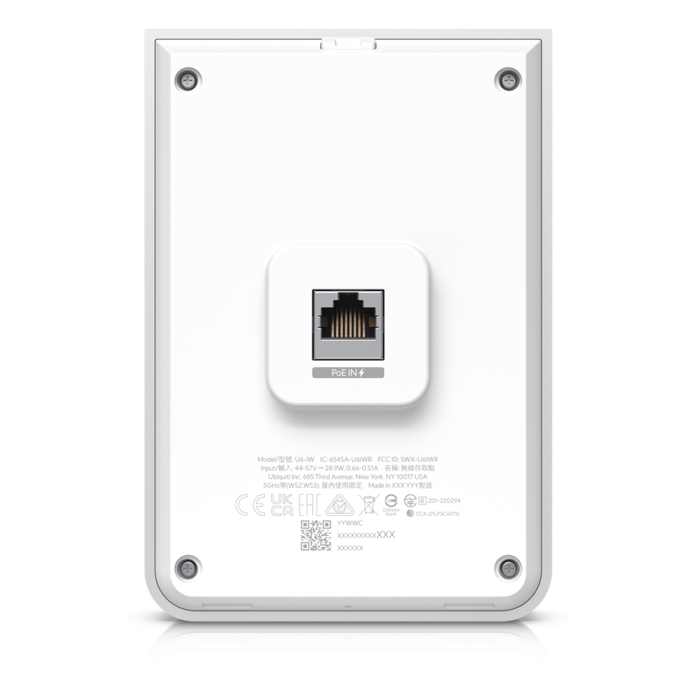 Access Point UniFi U6 In Wall/Montaje p/pared, WIFI 6 2.4 Y 5 Ghz, hasta 5.3 Gbps, 1 pto PoE In, 4 ptos secundarios (1 PoE Out)