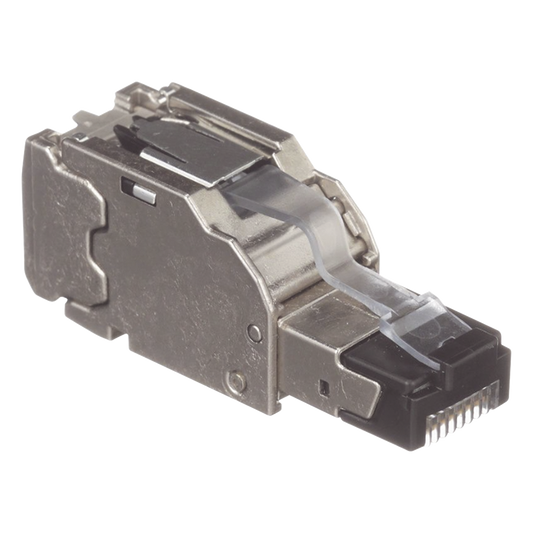 Plug RJ45 Blindado, Instalación Recta, Terminación en Campo Certificable, Compatible con Cat5e, Cat6 y Cat6A, Color Plata, Paquete de 10 Piezas