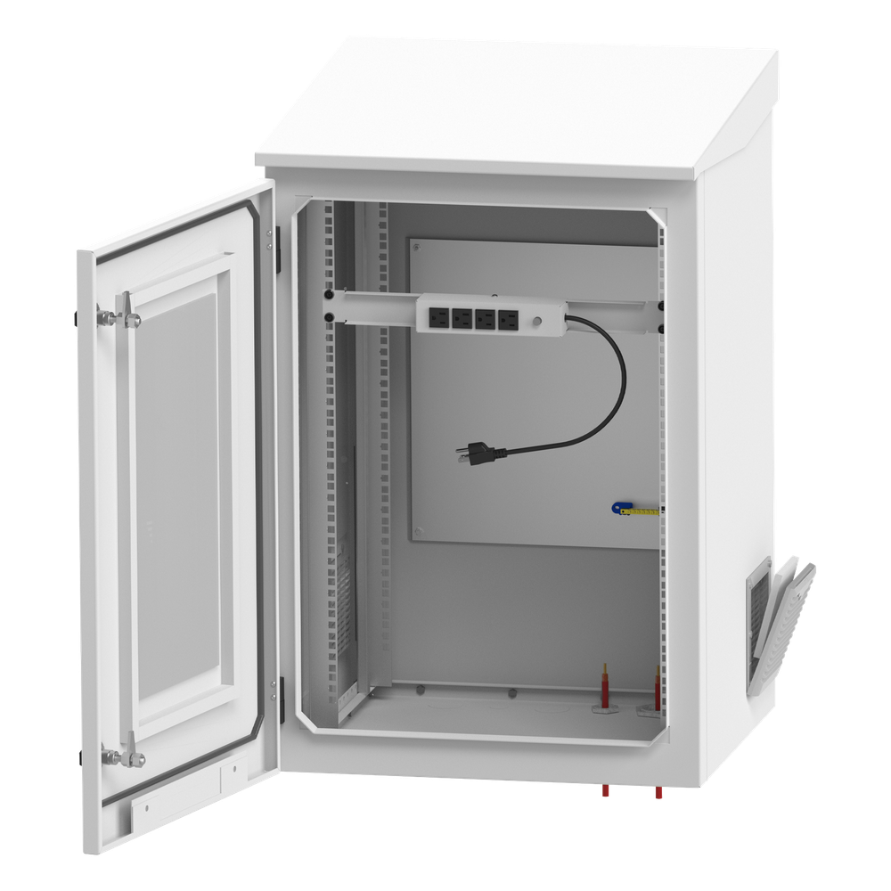 Gabinete de Exterior con Rack de 19" de 16U con Ventiladores y Termostato, Se envía el Gabinete Armado. (Montaje a poste o torre se vende por separado).