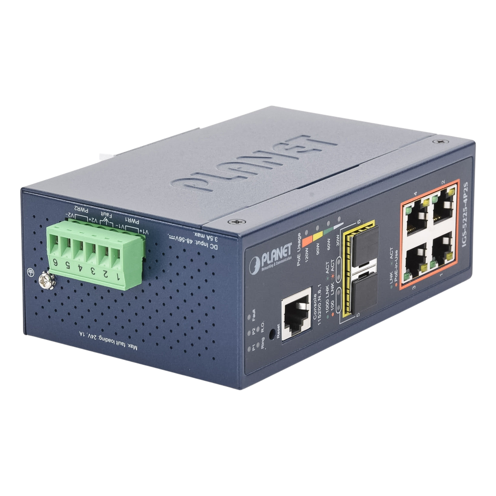Switch Industrial Administrable Capa 2, 4 Puertos PoE 802.3af/at 10/100/1000T, 2 Puertos SFP 100/1000X