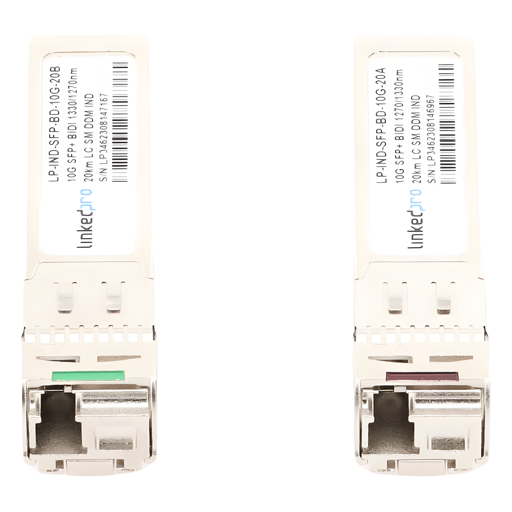 Transceptores Ópticos Industriales Bidireccionales SFP+ (Mini-Gbic) / Monomodo 1270 & 1330 nm / 10 Gbps / 10GBASE / Conector LC/UPC Simplex / DDM / Hasta 20 km / 2 Piezas