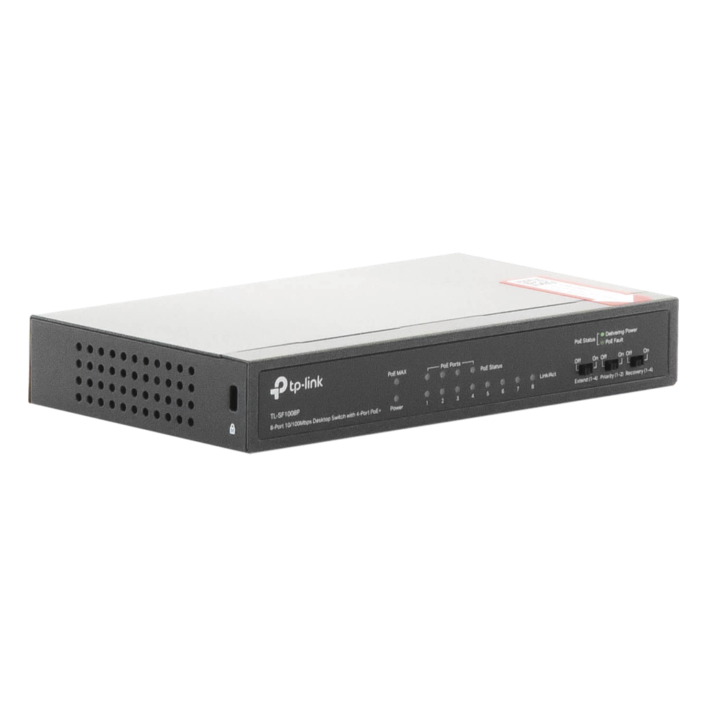 Switch PoE+ No Administrable / De Escritorio 8 puertos 10/100 Mbps / 4 puertos PoE af/at Inteligente / Presupuesto 66 W / Hasta 250 metros