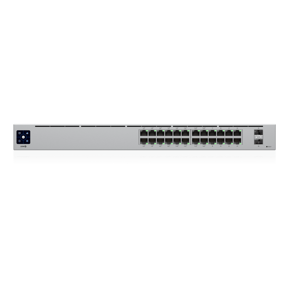 Switch UniFi Capa 2 / 24 Puertos Gigabit / 16 Puertos PoE+ 802.3af/at / 95W Total / 2 Puertos SFP 1G / Pantalla LCM / Sin Ventilador