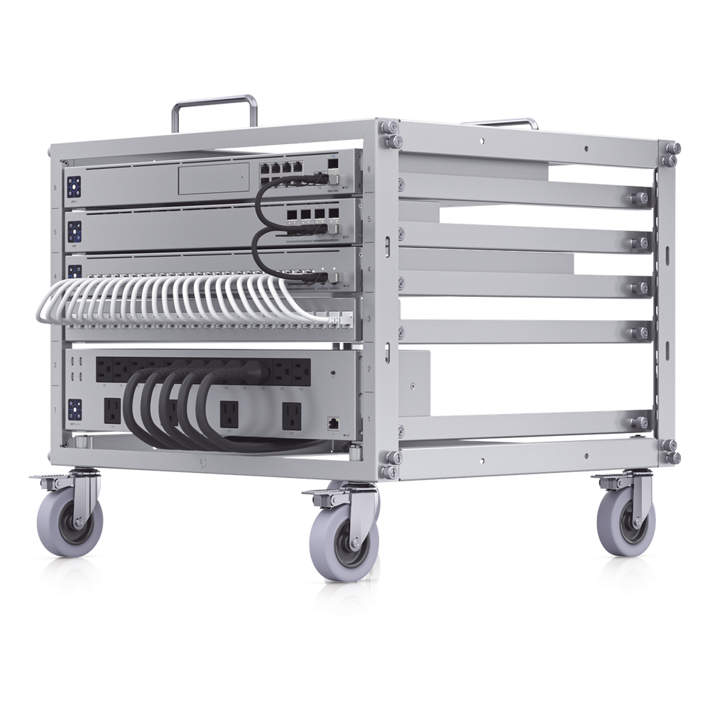 Rack Abierto 6U Compacto y Apilable sin Herramientas para Equipos UniFi, Ensamblaje Toolless, Ruedas con Seguro y Expansión a 12U con Kit de Apilado