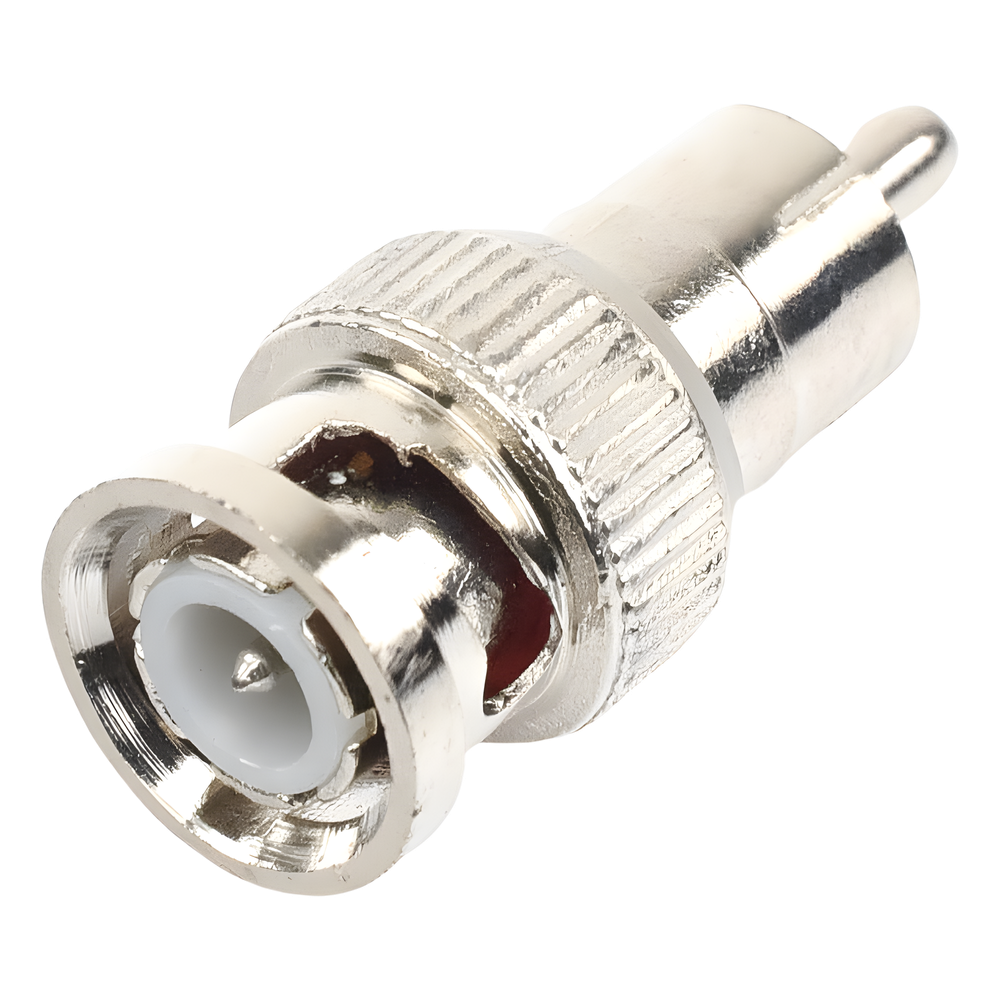 Adaptador en Línea para 75 Ohm, de Conector BNC Macho a RCA Macho en Aplicaciones de Audio-Video para Cámaras, Monitores y DVR's.