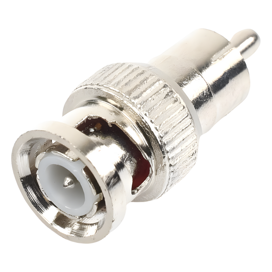 Adaptador en Línea para 75 Ohm, de Conector BNC Macho a RCA Macho en Aplicaciones de Audio-Video para Cámaras, Monitores y DVR's.