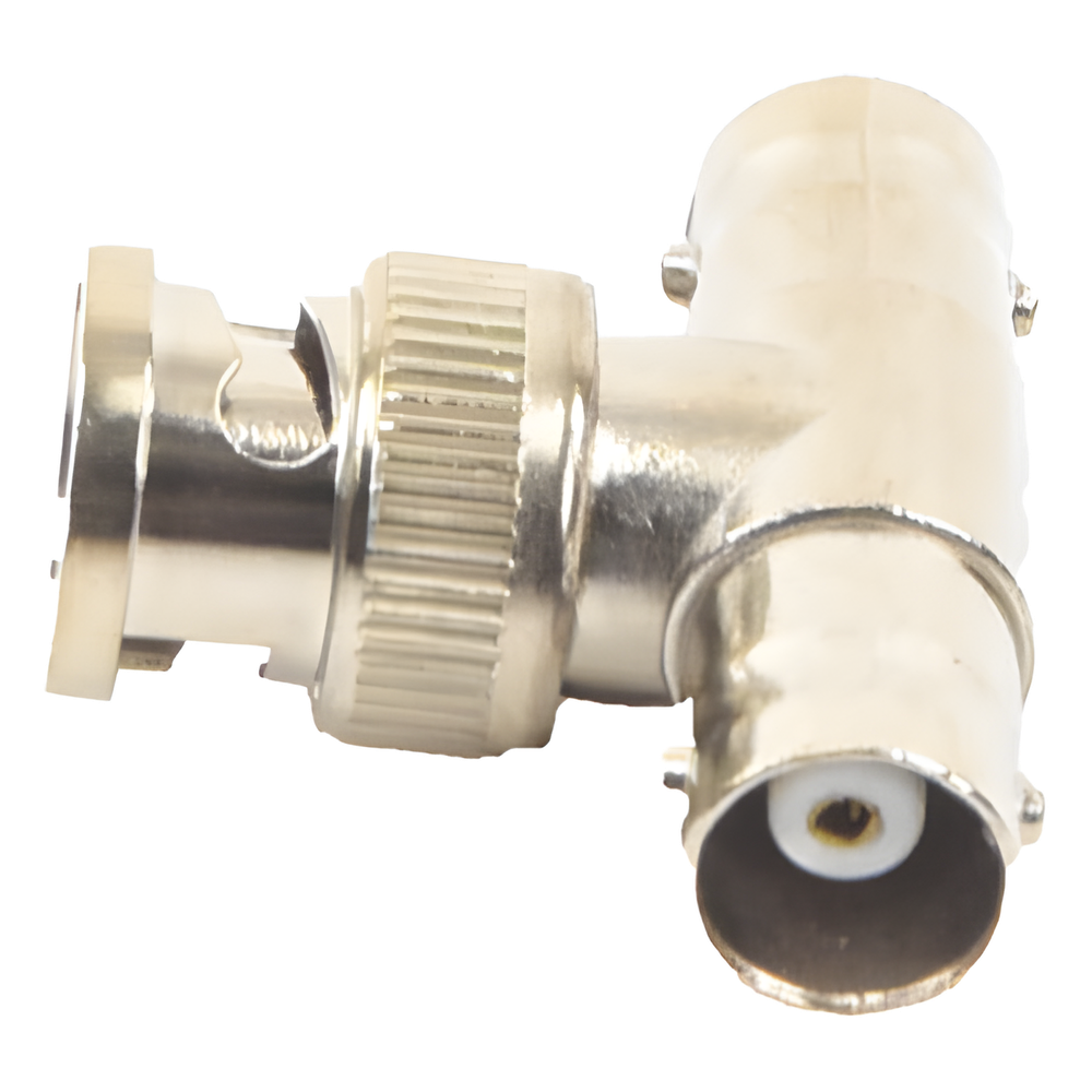 Adaptador en T para 75 Ohm de Conector BNC Macho a Doble BNC Hembra, Níquel/ Oro/ Teflón.