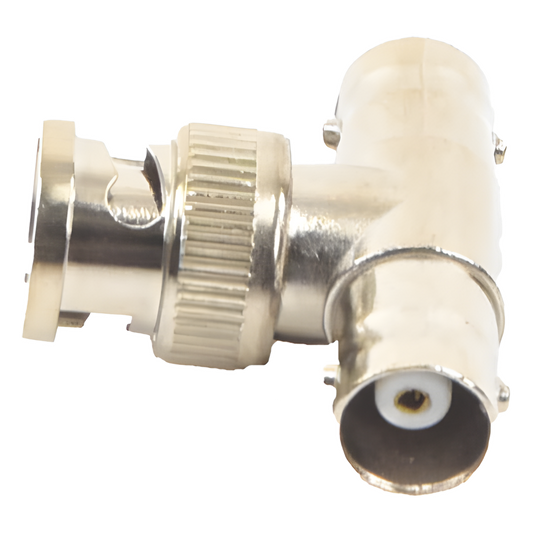 Adaptador en T para 75 Ohm de Conector BNC Macho a Doble BNC Hembra, Níquel/ Oro/ Teflón.