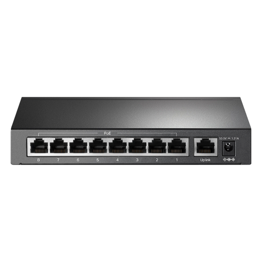 Switch PoE+ No Administrable / De Escritorio 9 puertos 10/100 Mbps / 8 puertos PoE af/at Inteligente / Presupuesto 65 W / Hasta 250 metros