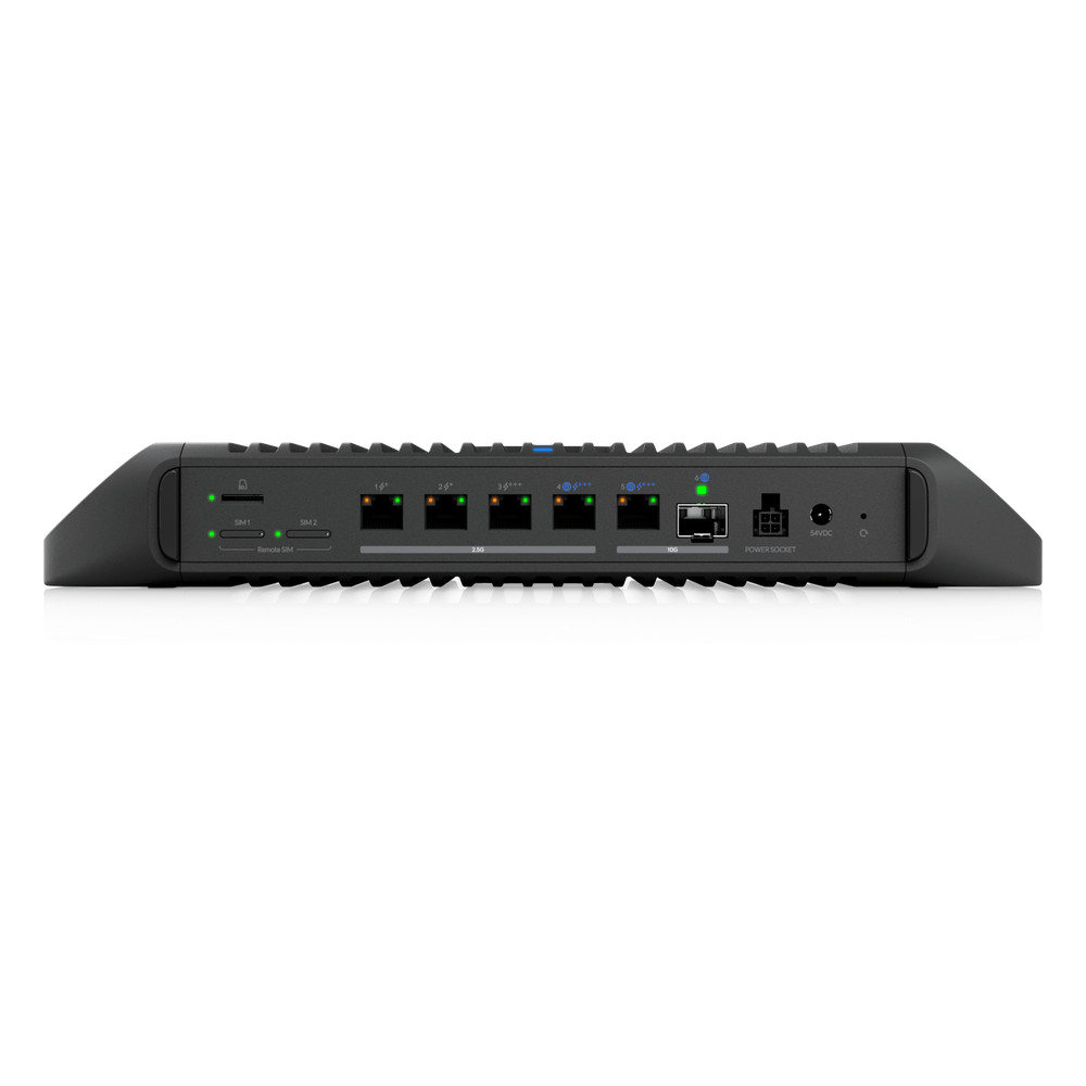 Cloud Gateway Industrial Rugerizado sin Ventilador con Puertos 10 GbE, 350W de Potencia Total para Despliegues PoE de Alta Densidad, Enrutamiento Avanzado y Almacenamiento microSD para Aplicaciones UniFi