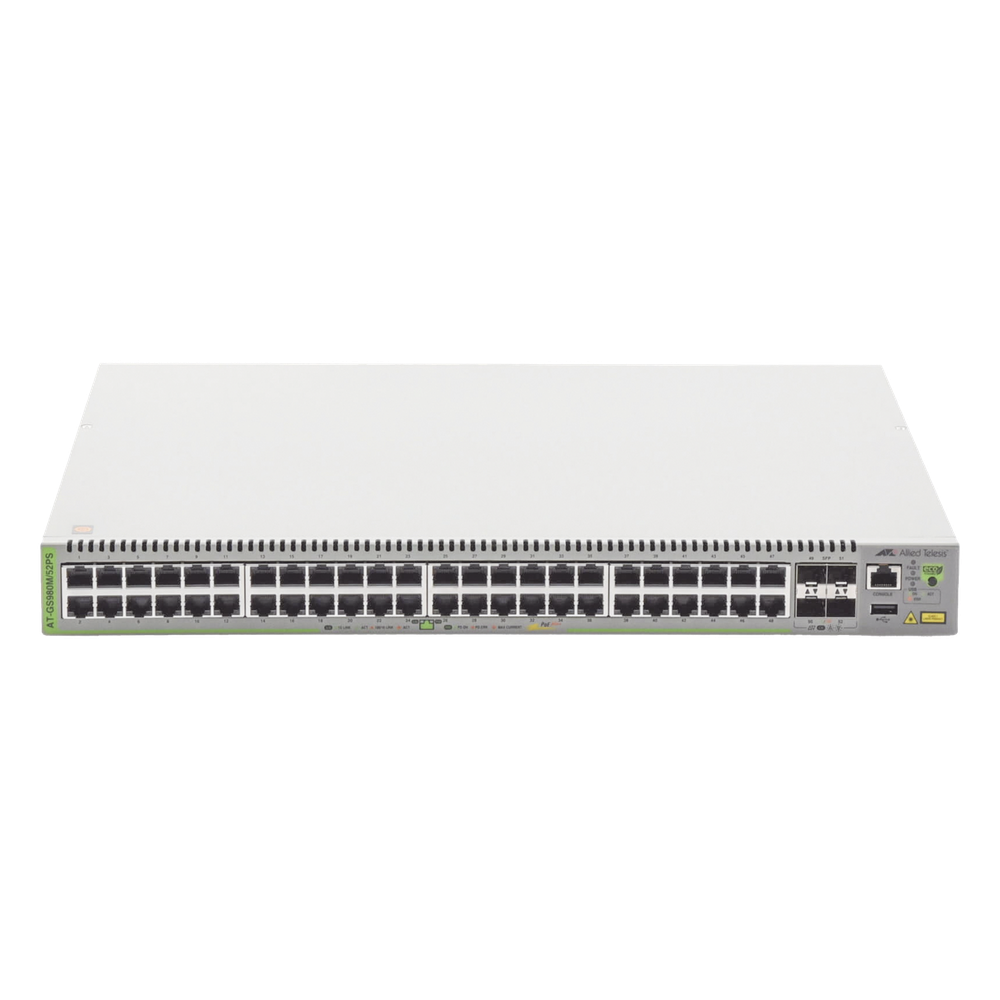Switch PoE+ Administrable CentreCOM GS980M, Capa 3 de 48 puertos 10/100/1000Mbps + 4 SFP Gigabit, 740 W