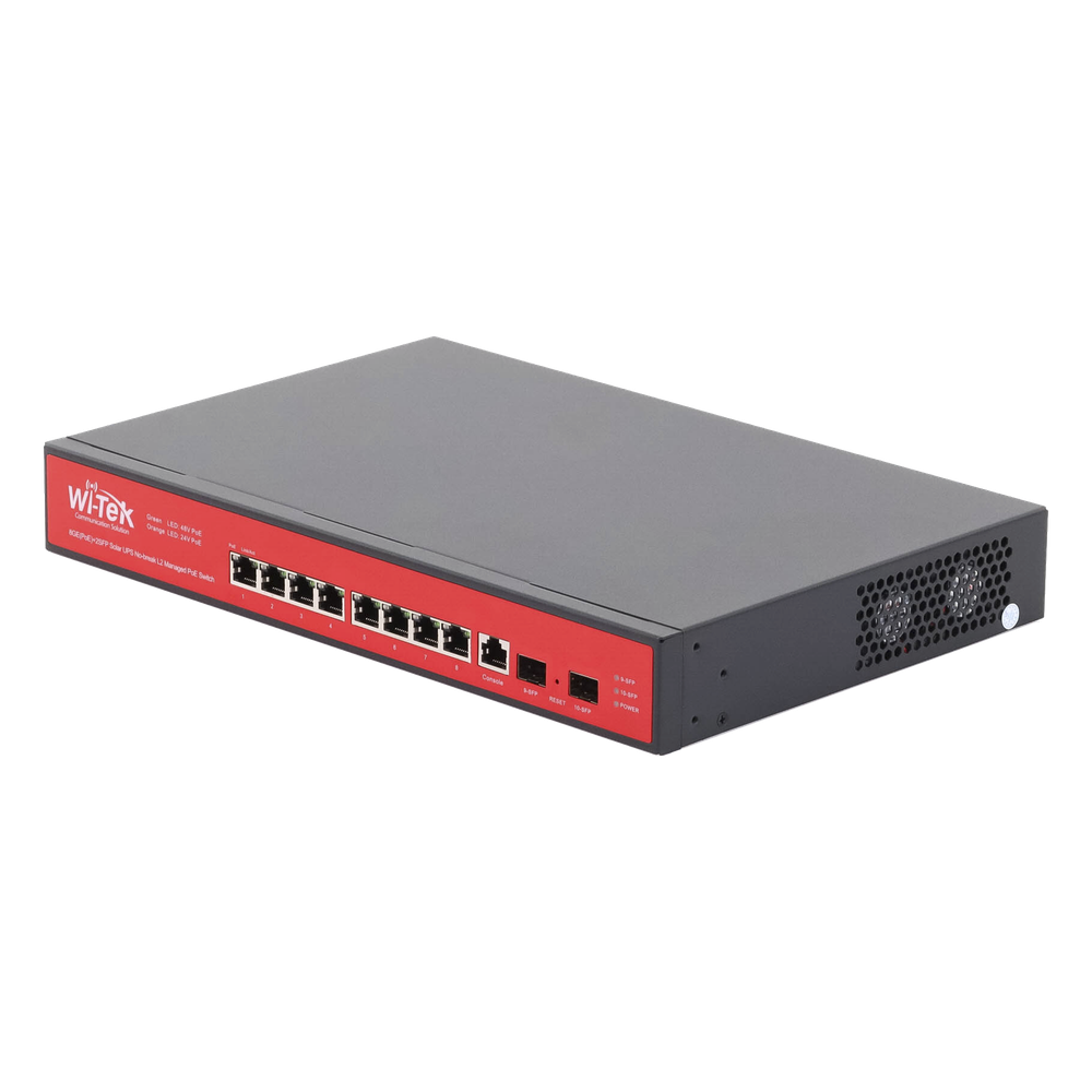 Switch Administrable Capa 2 de 8 puertos 10/100/1000 PoE af/at + 2 x SFP Gigabit, con respaldo para energía solar