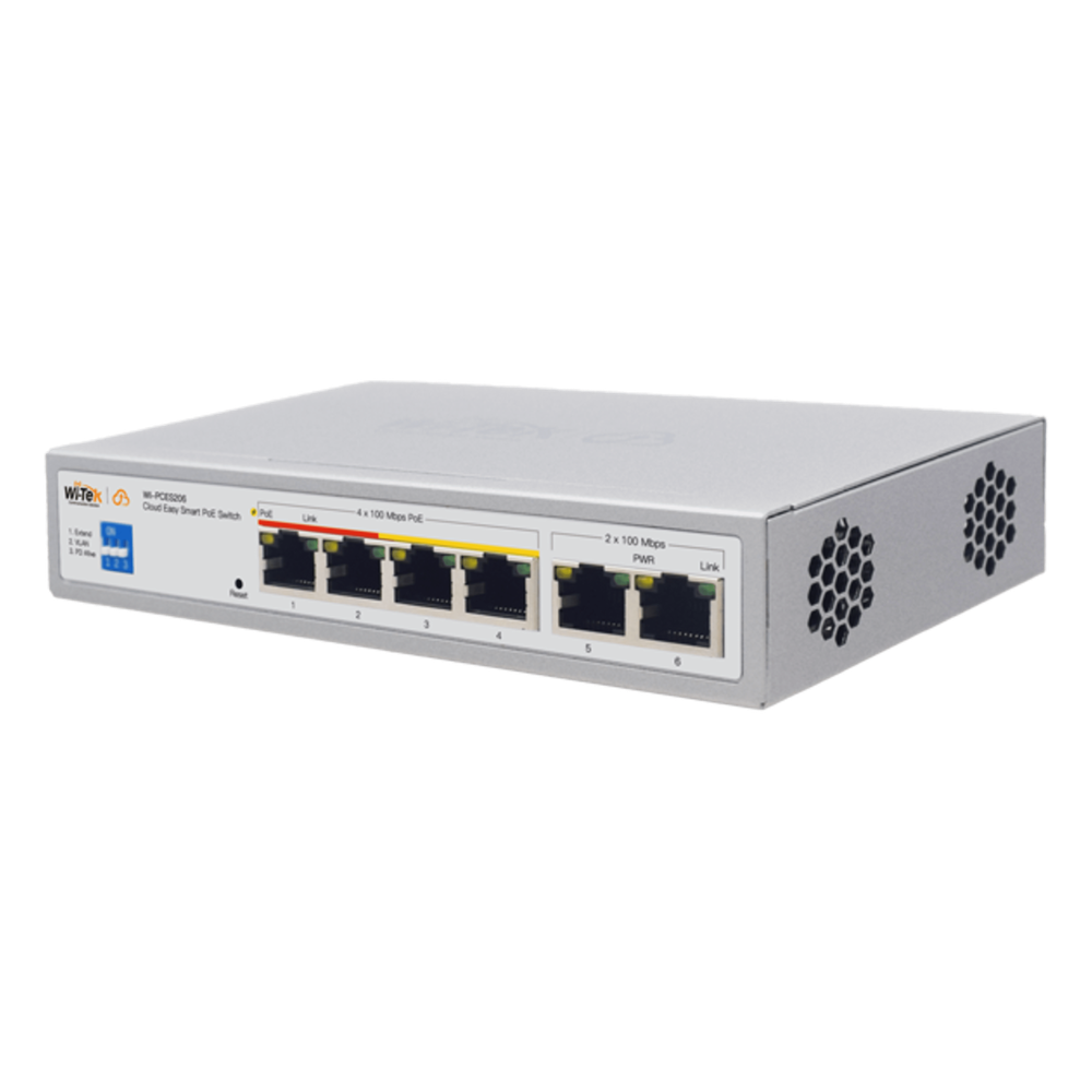 Switch PoE / Administración en la nube / Con 4 puertos 10/100 Mbps PoE af/at / 2 Puertos Uplink 10/100 Mbps / Presupuesto 60 W / PoE hasta 250 metros / Soporta protocolo ONVIF
