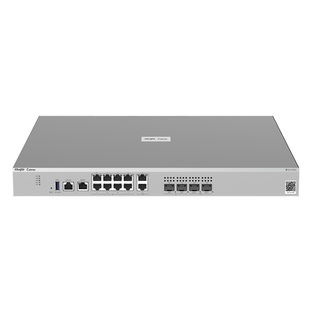Firewall Next Generation / Empresarial / 9 Gbps Throughput / 8 Puertos Gigabit + 4 x 2.5G + 2 x SFP + 2 x SFP+ / Gestión Cloud / IPS + Antivirus + Application Control / Defensa DDoS / AI-Powered Security / Rack 1U 440 mm (17.32 in) / Ruijie Reyee Cybrey