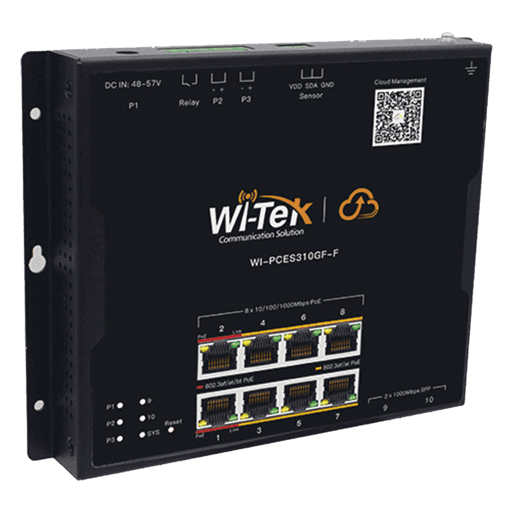 Switch L2 PoE Industrial / Administración Cloud Gratuita / 8 Puertos PoE af/at/bt 10/100/1000 Mbps / 2 Puertos SFP Gigabit / Máx Presupuesto PoE 145 W / Montaje Magnético - Riel DIN.