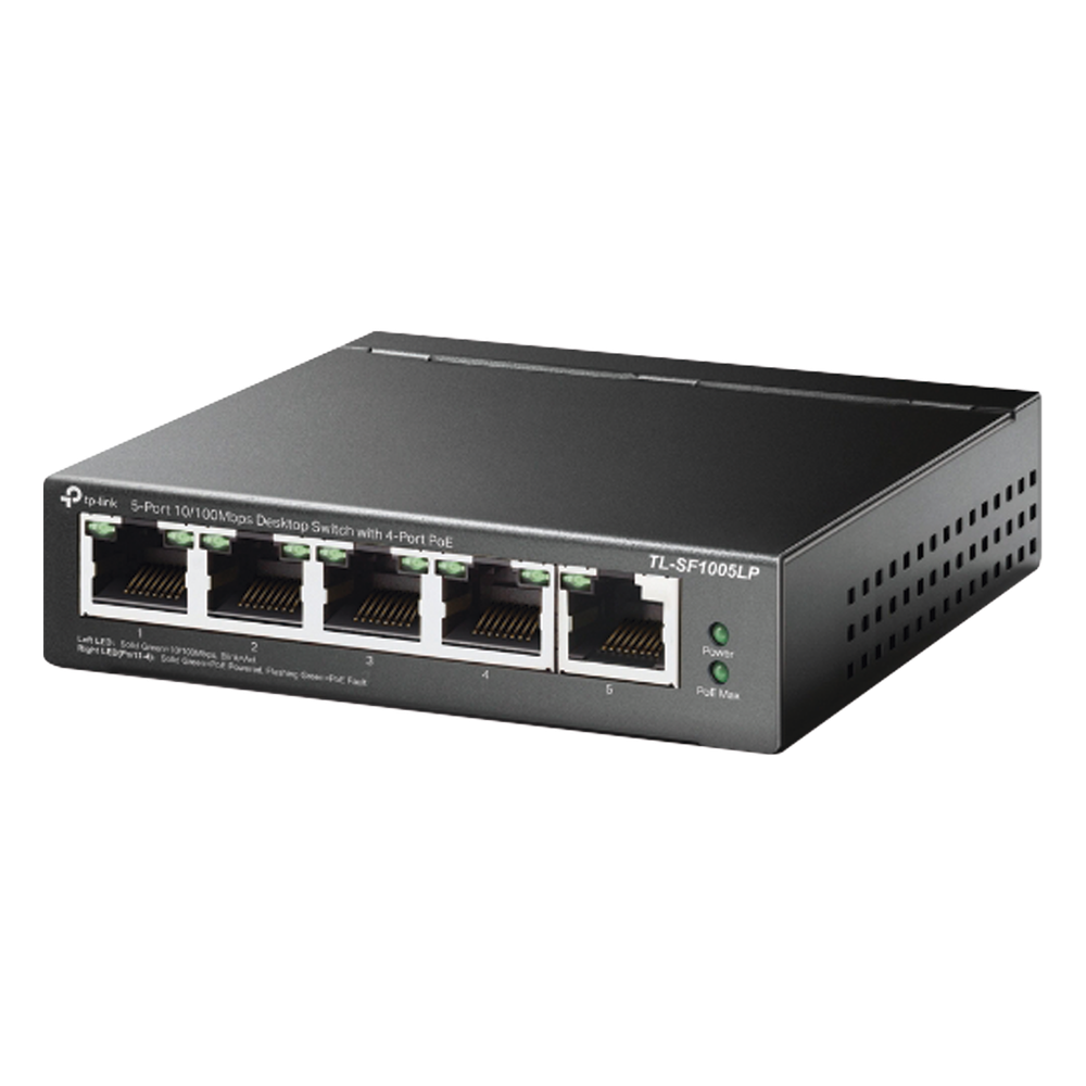 Switch PoE No Administrable de Escritorio / 5 puertos 10/100 Mbps / 4 puertos PoE af / Presupuesto 41 W / Modo extensor PoE hasta 250 metros / Calidad video prioritaria