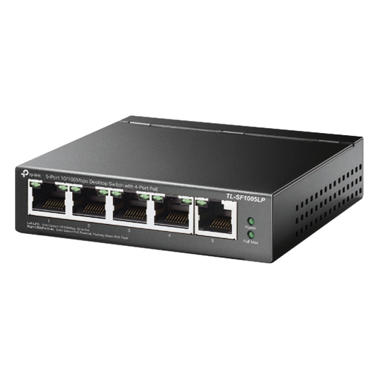 Switch PoE No Administrable de Escritorio / 5 puertos 10/100 Mbps / 4 puertos PoE af / Presupuesto 41 W / Modo extensor PoE hasta 250 metros / Calidad video prioritaria