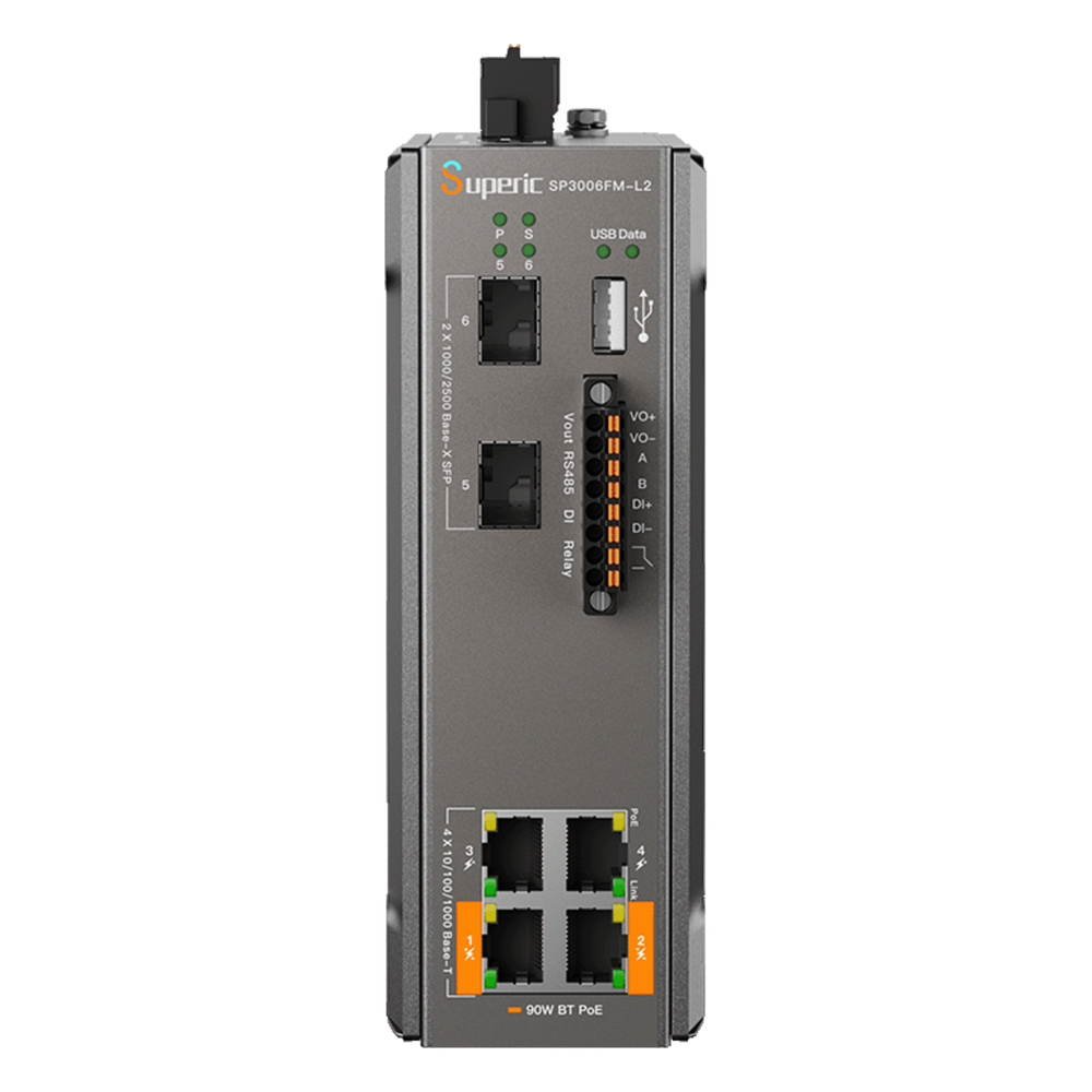 Switch Industrial Administrable / Gigabit con 2 Puertos PoE bt / 2 Puertos PoE af/at / 2 SFP 2.5Gbps / Soporta RS485 / Presupuesto PoE 120W
