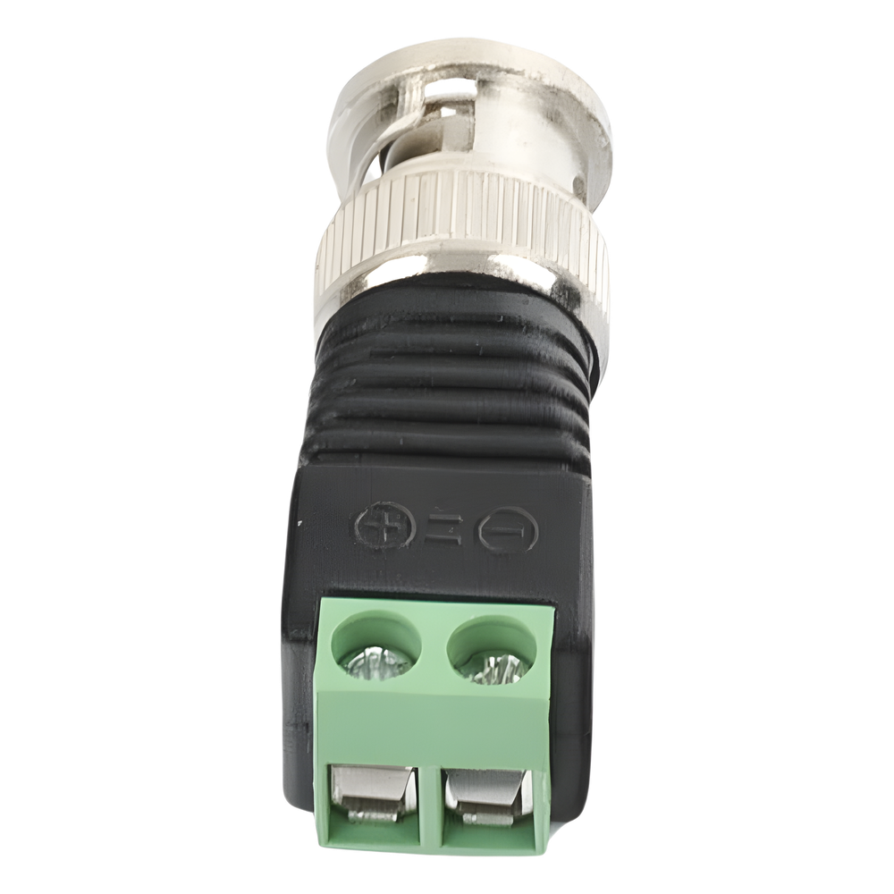 Adaptador de conector BNC macho a 2 terminales-tornillo para cables AWG-26-14, en aplicaciones Video Vigilancia, Níquel/ Oro/  PTFE y PVC.