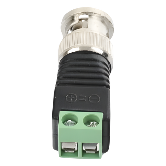 Adaptador de conector BNC macho a 2 terminales-tornillo para cables AWG-26-14, en aplicaciones Video Vigilancia, Níquel/ Oro/  PTFE y PVC.