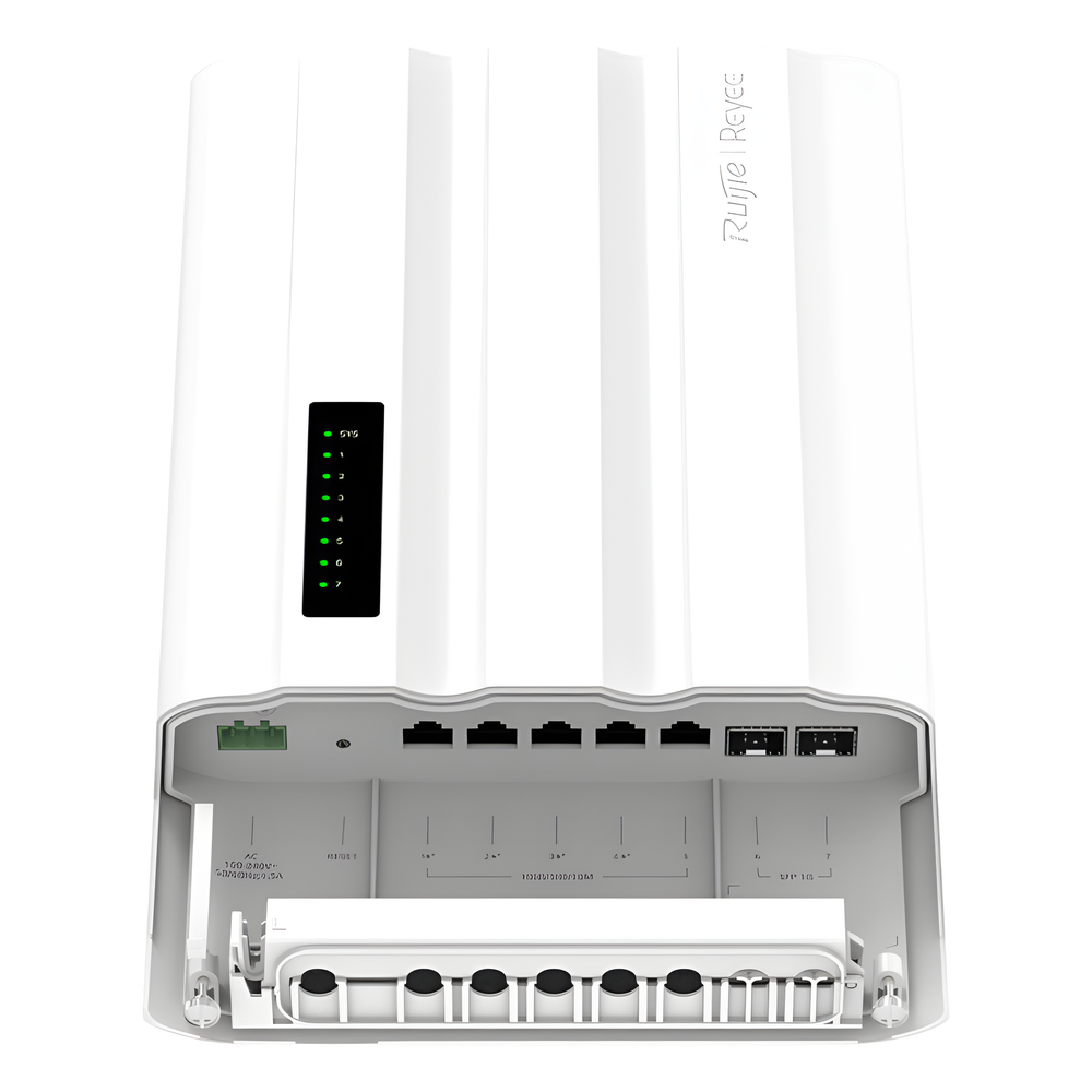 Switch PoE para Exteriores / 7 Puertos Gigabit / 5 RJ45 + 2 SFP / PoE+ 60W / ERPS / IP65 / -30°C a 65°C / Gestión Cloud / Capa 2 / Fanless