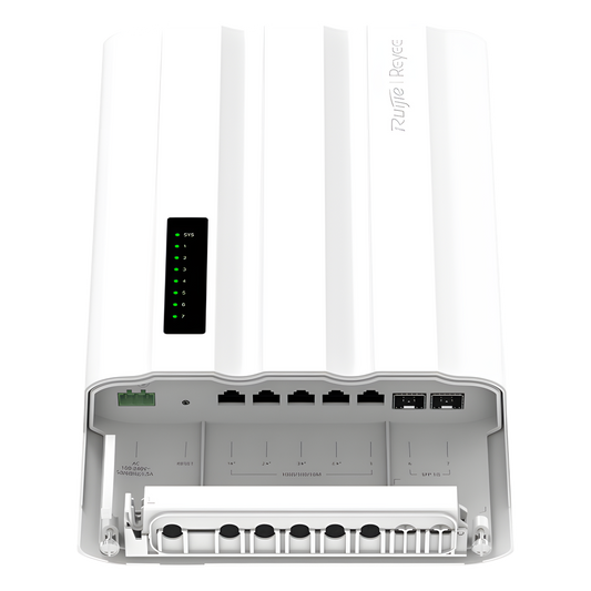 Switch PoE para Exteriores / 7 Puertos Gigabit / 5 RJ45 + 2 SFP / PoE+ 60W / ERPS / IP65 / -30°C a 65°C / Gestión Cloud / Capa 2 / Fanless