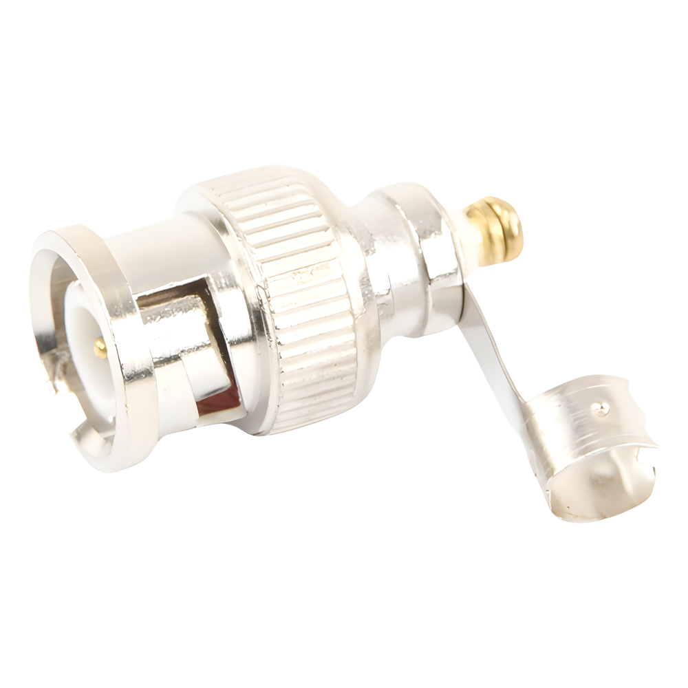 Conector BNC macho en 75 Ohm, para cable coaxial RG-59 / Con base de alivio negra de PVC, Níquel/ Oro/ PTFE.