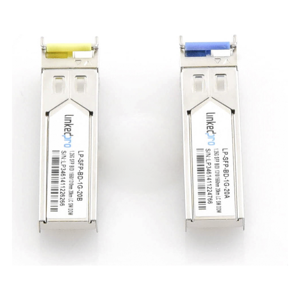 Transceptores Ópticos Bidireccionales SFP (Mini-Gbic) / Monomodo 1310 & 1550 nm / 1.25 Gbps / 1000BASE-BX / Conector LC/UPC Simplex / DDM / Hasta 20 km / 2 Piezas