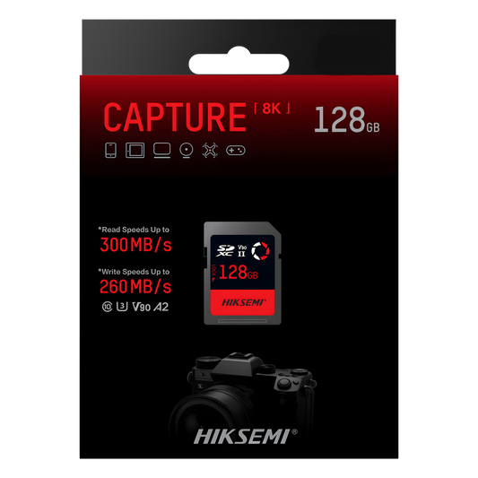 Memoria SD / 128 GB / 300 MB/s Lectura / 260 MB/s Escritura / V90 U3 / Para Video 8K Profesional / HIKSEMI CAPTURE E90