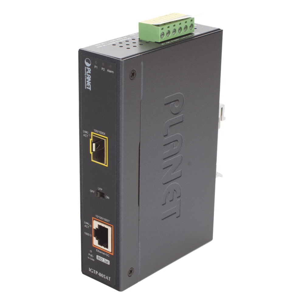 Convertidor de Medios PoE Industrial, Puerto SFP 1000BASE-SX/LX a Puerto RJ45 Gigabit con Salida PoE 802.3at (Hasta 30 W).