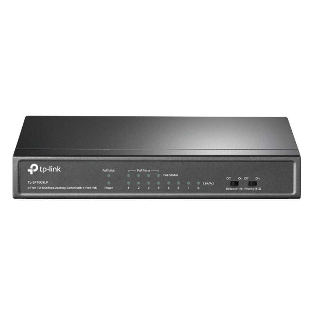 Switch PoE No Administrable de Escritorio / 8 puertos 10/100 Mbps / 4 puertos PoE af / Presupuesto 41 W / Modo extensor PoE hasta 250 metros / Calidad video prioritaria