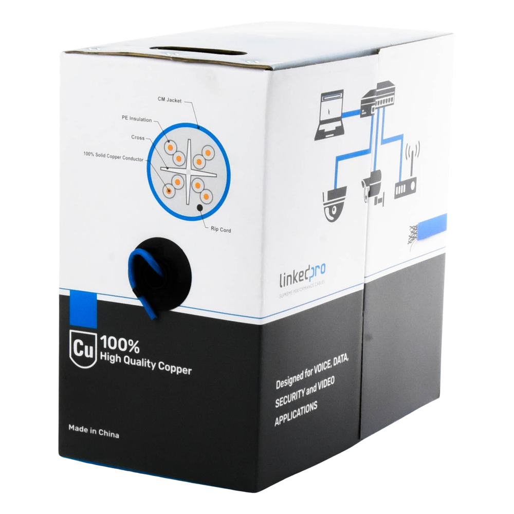 Bobina de Cable de 305 Metros (1000 Pies) Cat6+, CM, Calibre 23 Alto Rendimiento, ETL, UL, Color Azul, Super Flexible, para Aplicaciones de Video Vigilancia, Video HD, y Redes de Datos. Uso Interior.