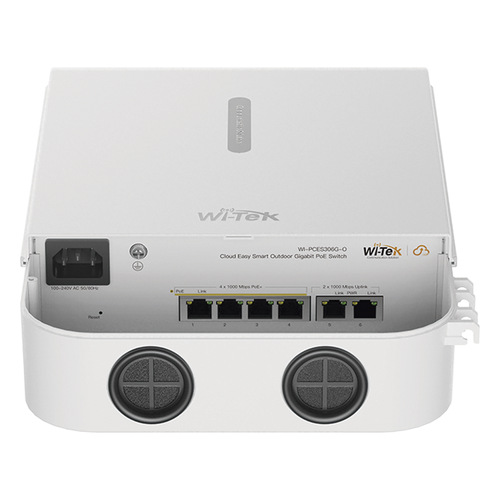 Switch PoE para exterior / Administración en la nube / Con 4 puertos 10/100 Mbsp PoE af/at / 2 Puertos Uplink 10/100 MBPS /  Presupuesto 60 W / PoE hasta 250 metros / Soporta protocolo ONVIF