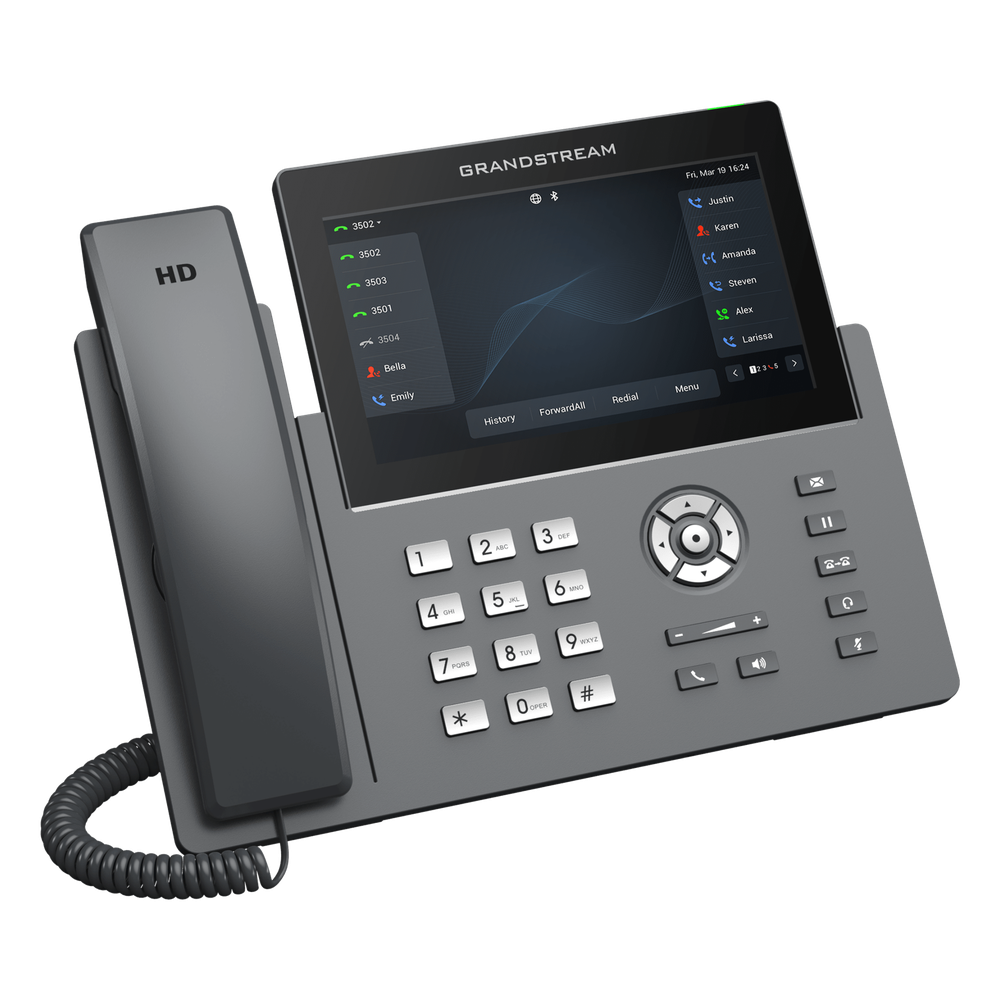 Teléfono IP Wi-Fi, Grado Operador, 12 líneas SIP con 6 cuentas, pantalla táctil  7", puertos Gigabit, Bluetooth, PoE, codec Opus, IPV4/IPV6 con gestión en la nube GDMS