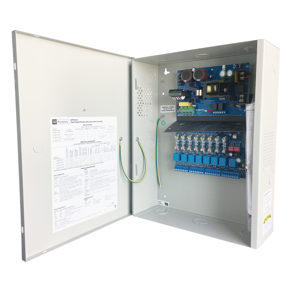 Fuente de poder ALTRONIX de 12/24 Vcc @ 6 Amper, con capacidad de batería de respaldo, requiere batería, 8 salidas, con voltaje de entrada de 115 Vca