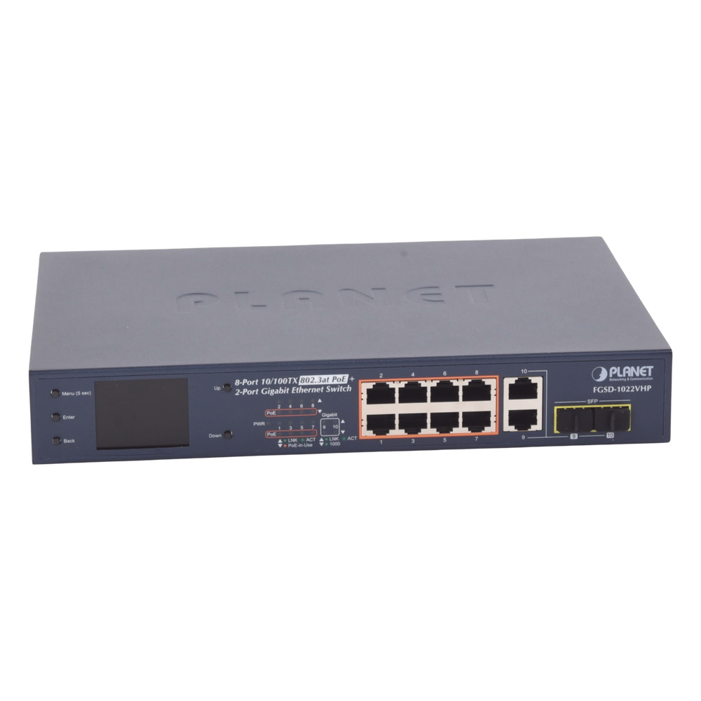 Switch PoE+ / Distancia 250 Metros / 8 Puertos + 2 Combo TP/SFP Gigabit y Pantalla LCD Para Monitoreo