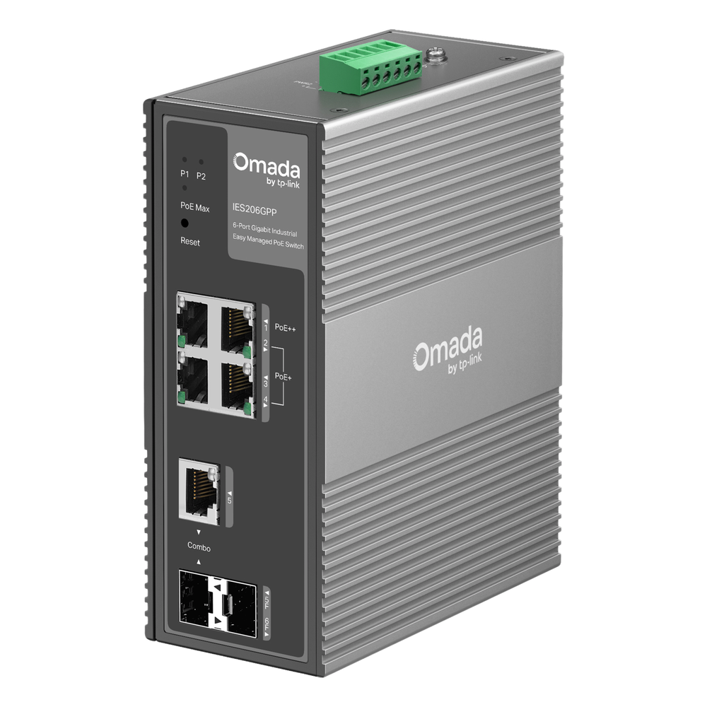 Switch Industrial Easy Managed / 6 Puertos Gigabit (4 PoE) / 120W PoE Budget / IP40 / -40°C a 75°C / 6kV Protección Rayos / Cloud Management Omada / DIN-Rail